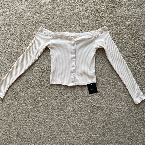 Nude Off The Shoulder Button Up Ribbed Top - Picture 1 of 3